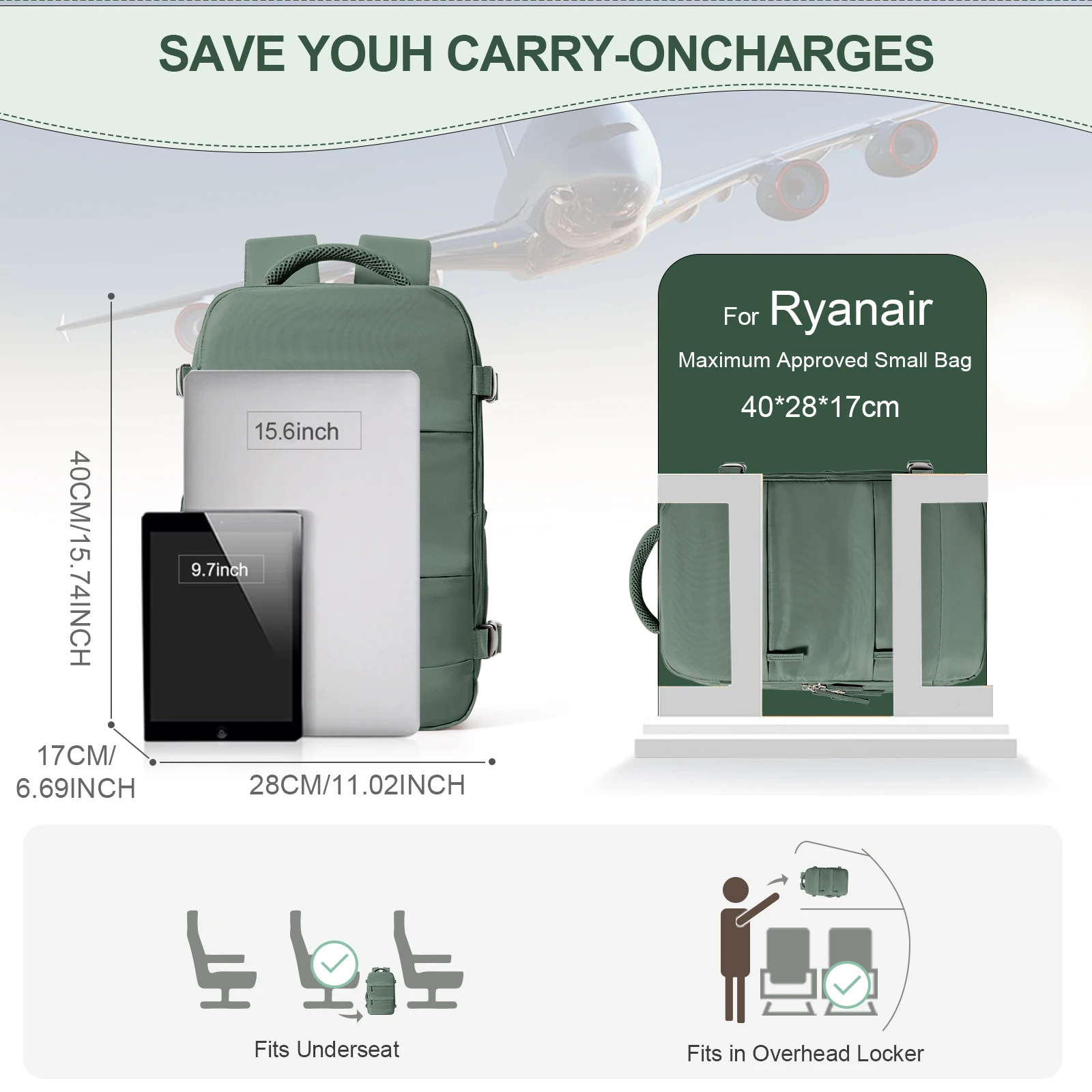 Ryanair-mochila de viaje para hombre y mujer, bolsa de viaje para ordenador portátil, equipaje de mano, 40x20x25 - Imagen 4