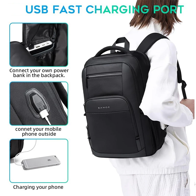 Mochila impermeable de viaje BANGE con puerto de carga USB compatible con mochilas para portátiles de 15,6 pulgadas para hombres y mujeres, mochilas escolares para adolescentes - Imagen 7