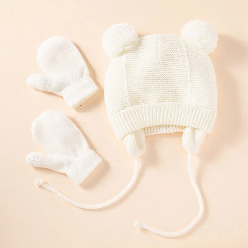 Conjunto de gorro y guantes de punto para bebé, gorro de Color sólido con protección para los oídos para otoño e invierno, gorro para niña y niño, 2 uds. - Imagen 6