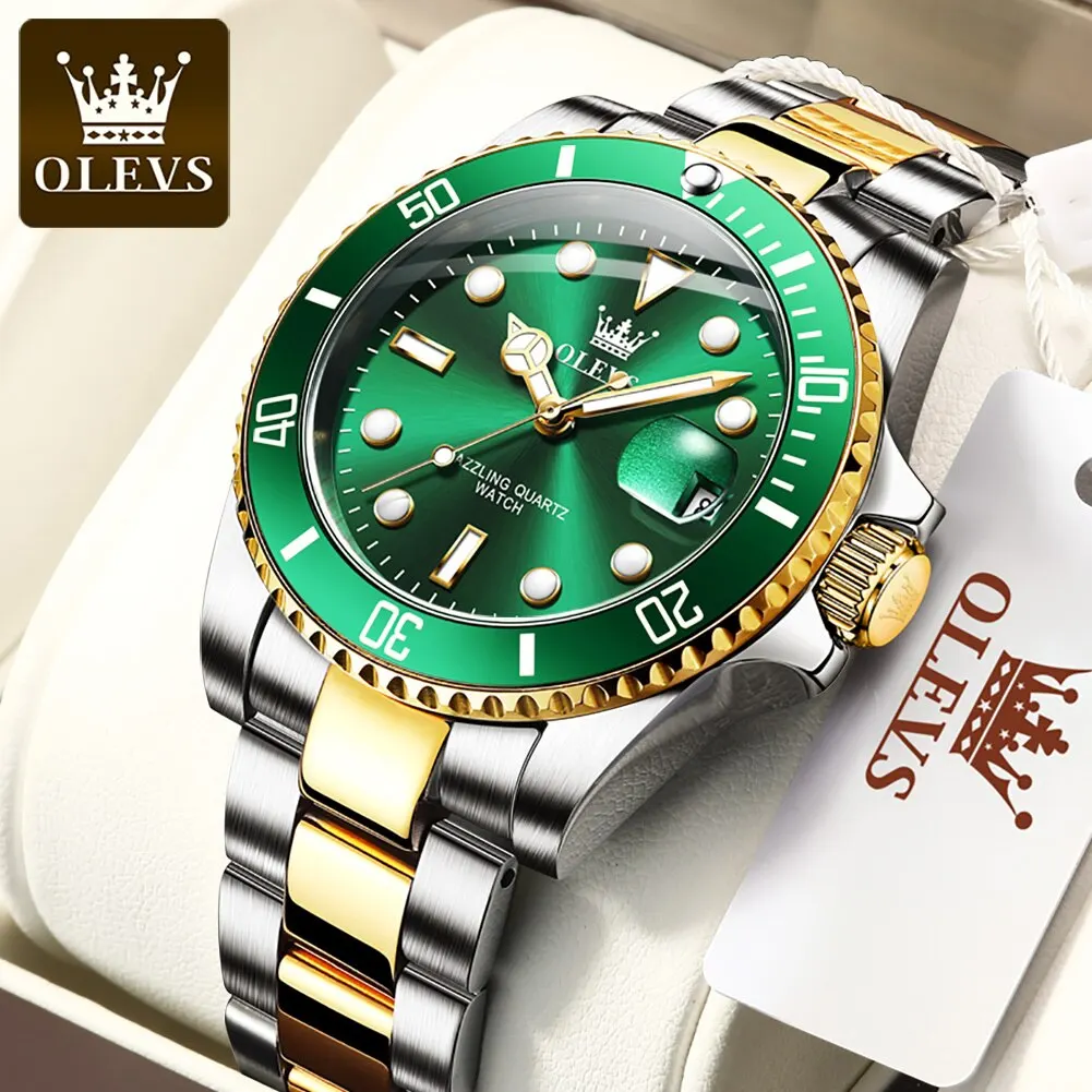 OLEVS-reloj de cuarzo de acero inoxidable para hombre, cronógrafo de pulsera luminoso, resistente al agua, color verde, Original - Imagen 2