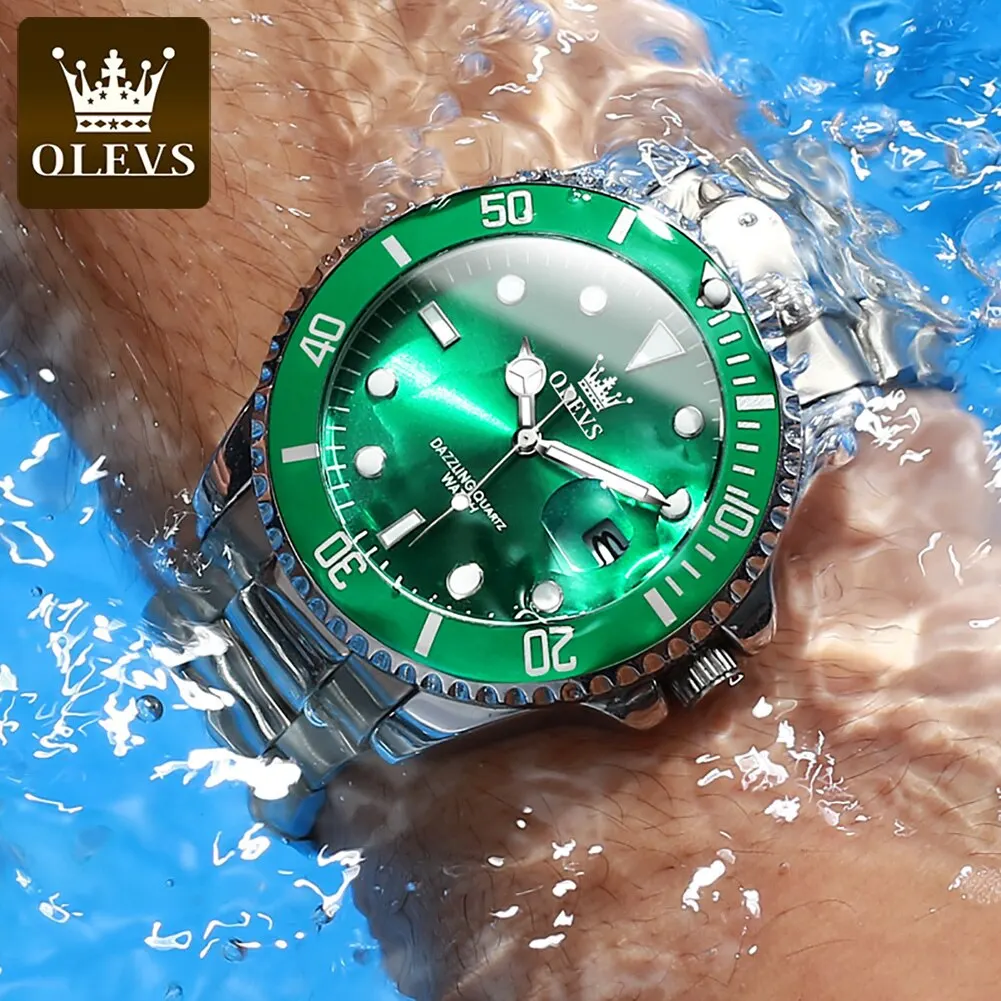 OLEVS-reloj de cuarzo de acero inoxidable para hombre, cronógrafo de pulsera luminoso, resistente al agua, color verde, Original - Imagen 5