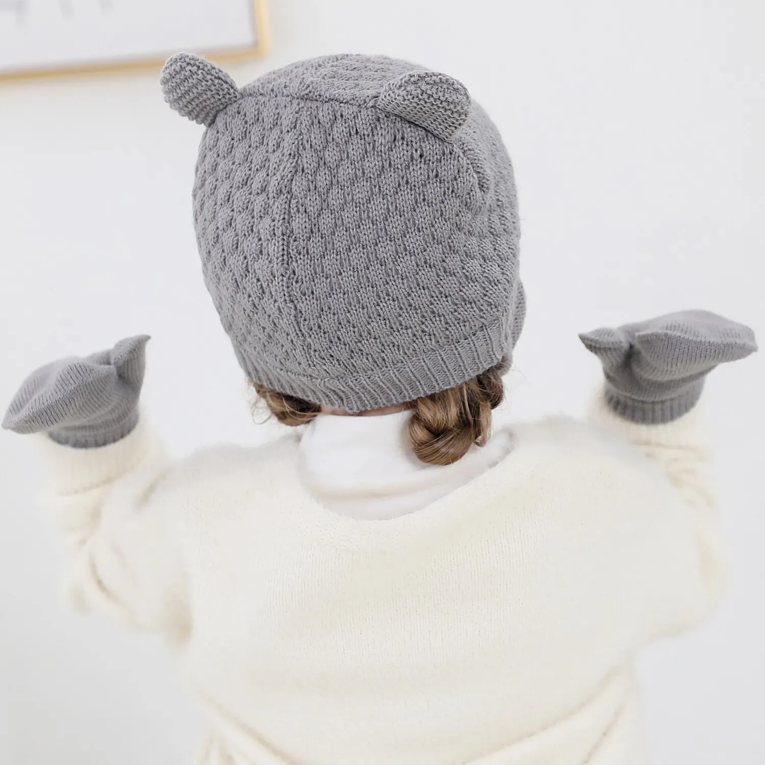 Conjunto de gorro y guantes de punto para bebé, gorro de Color sólido con protección para los oídos para otoño e invierno, gorro para niña y niño, 2 uds. - Imagen 5