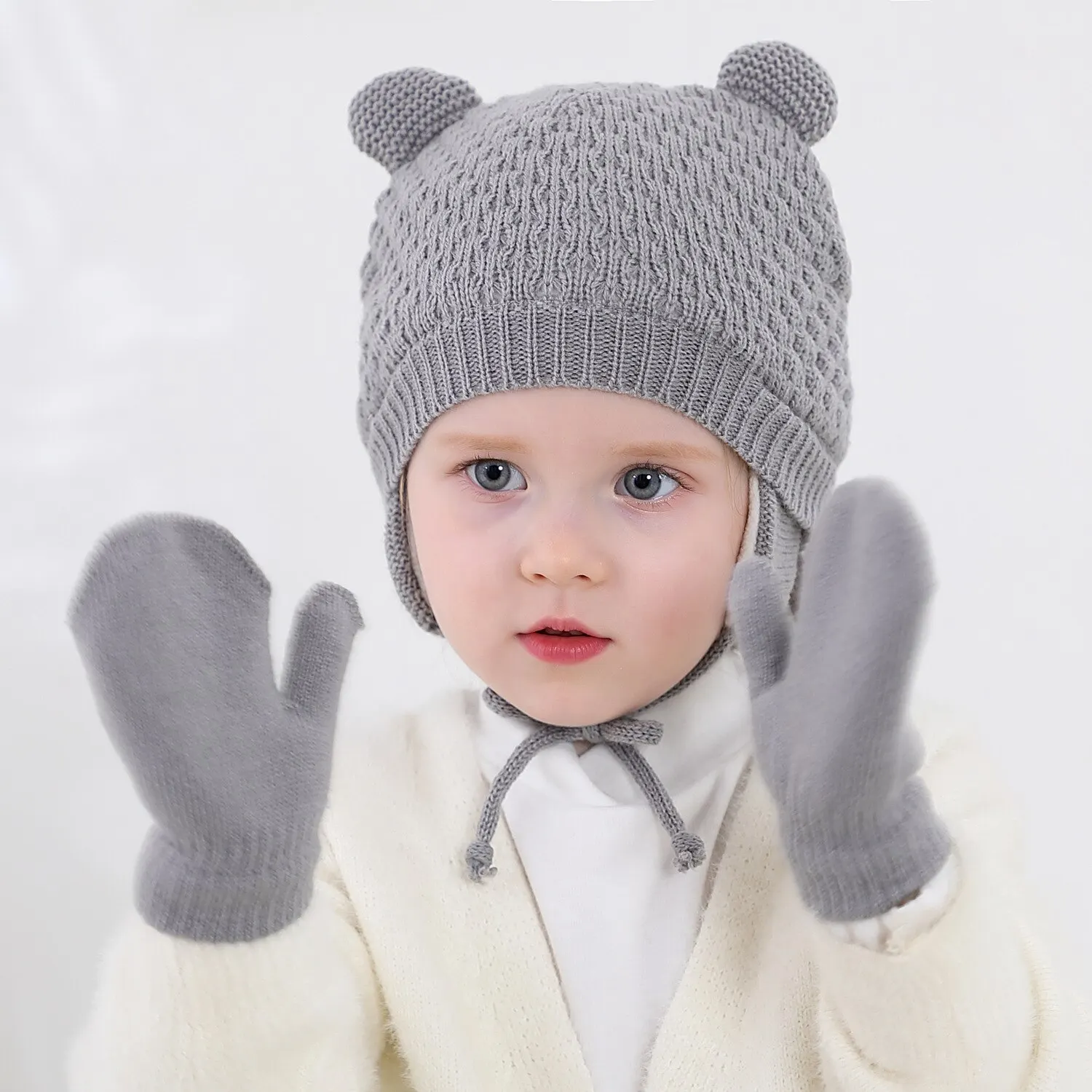 Conjunto de gorro y guantes de punto para bebé, gorro de Color sólido con protección para los oídos para otoño e invierno, gorro para niña y niño, 2 uds. - Imagen 3