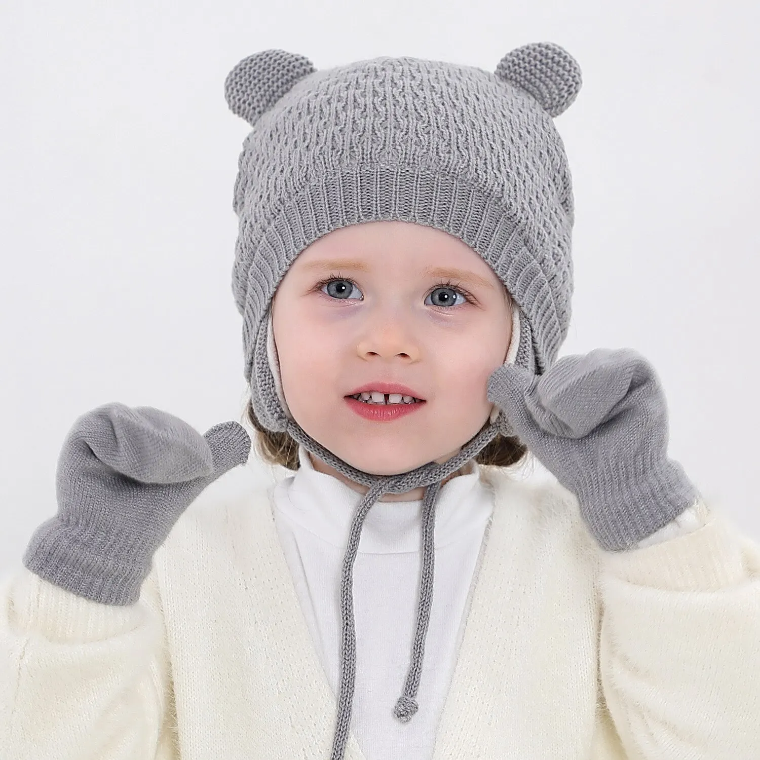 Conjunto de gorro y guantes de punto para bebé, gorro de Color sólido con protección para los oídos para otoño e invierno, gorro para niña y niño, 2 uds. - Imagen 4