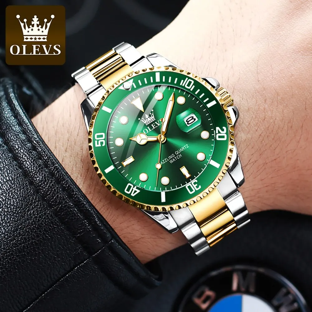 OLEVS-reloj de cuarzo de acero inoxidable para hombre, cronógrafo de pulsera luminoso, resistente al agua, color verde, Original - Imagen 7