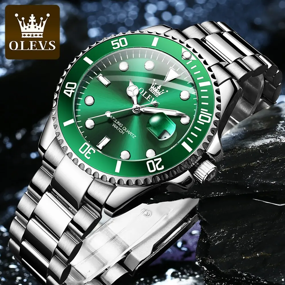 OLEVS-reloj de cuarzo de acero inoxidable para hombre, cronógrafo de pulsera luminoso, resistente al agua, color verde, Original - Imagen 4